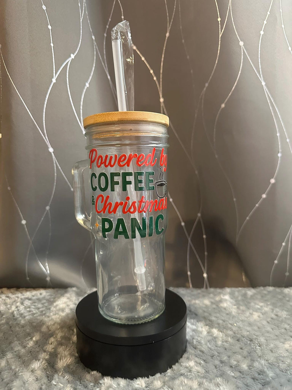 Funny Holiday Glass Can Cup with Lid & Straw | Wine or Coffee Quote