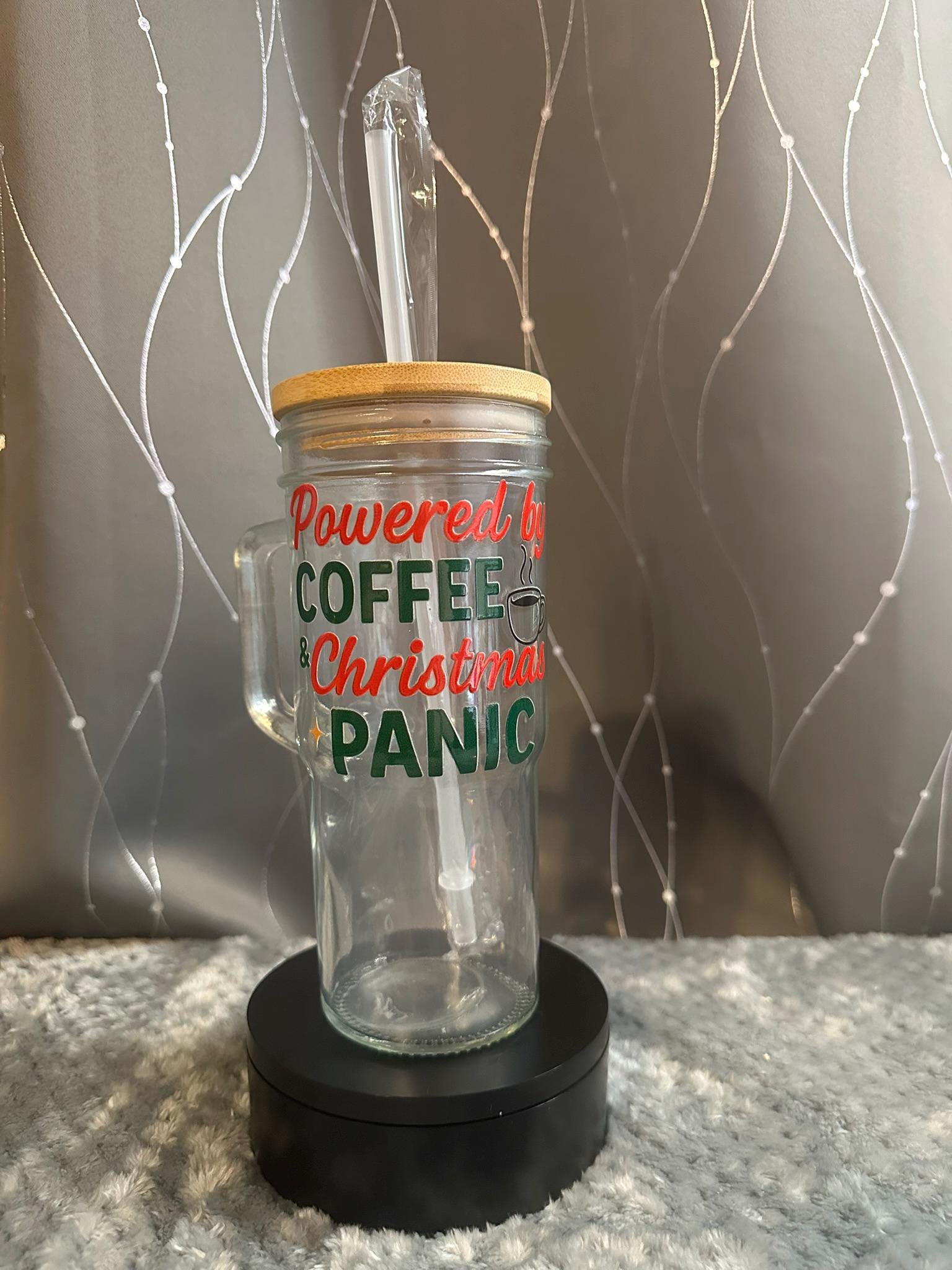 Funny Holiday Glass Can Cup with Lid & Straw | Wine or Coffee Quote