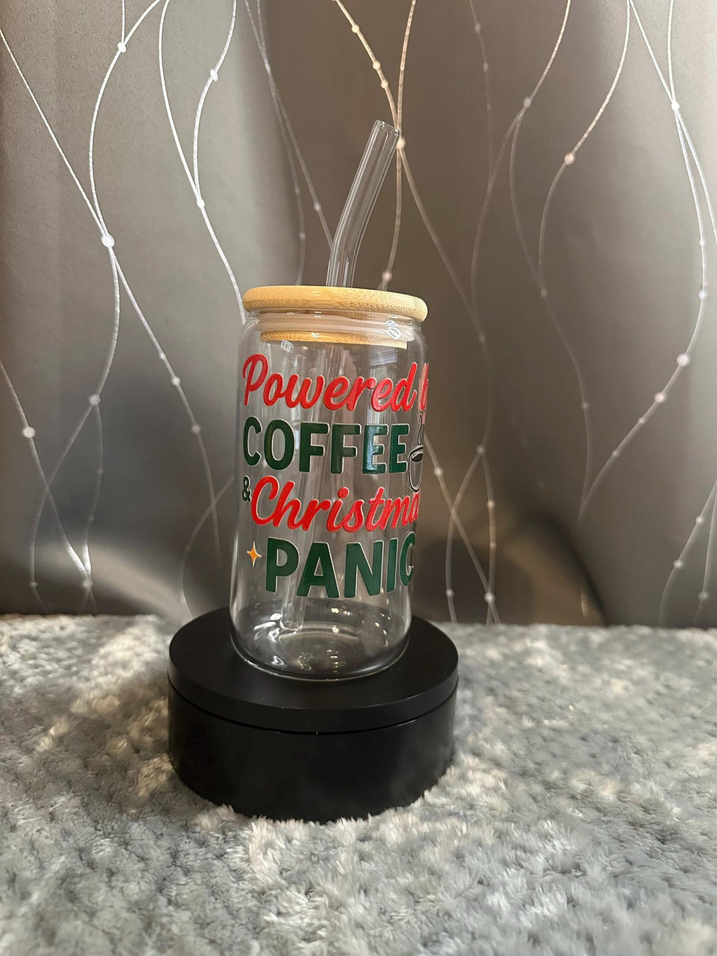 Funny Holiday Glass Can Cup with Lid & Straw | Wine or Coffee Quote